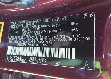 2015 Toyota Highlander Xle V6 z USA, uszkodzony, nr VIN 5TDKKRFH4FS089338